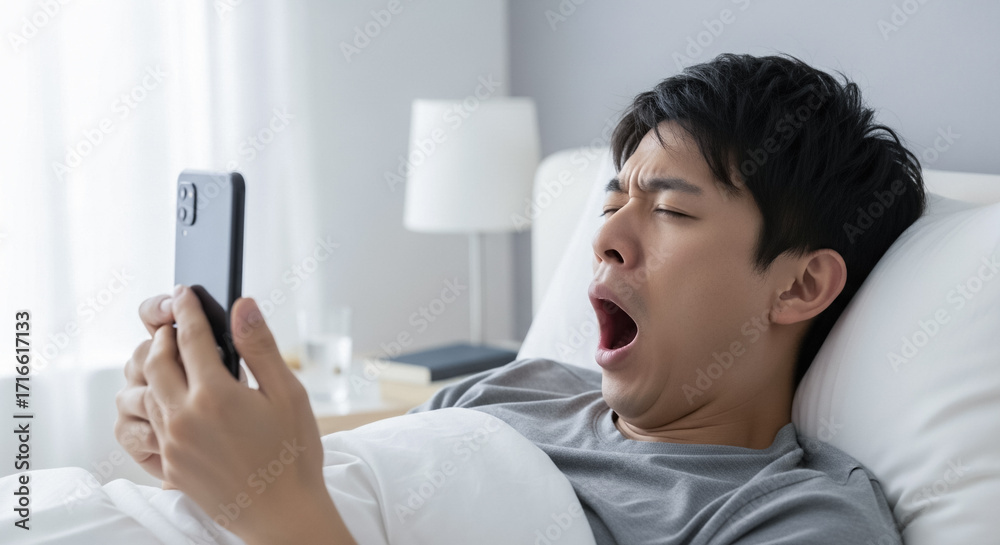 Obraz premium スマホの目覚まし（アラーム）で起きる男性