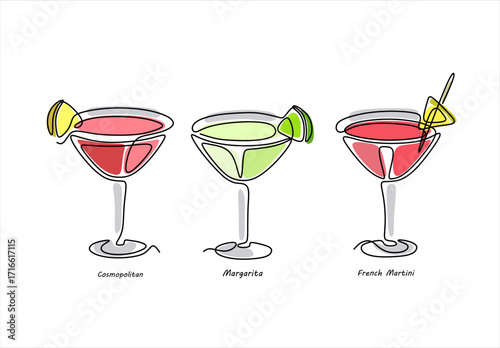 Cocktail Line Art Cosmopolitan, Margarita, French Martini. line icon-continuous line drawing. Editable stroke.