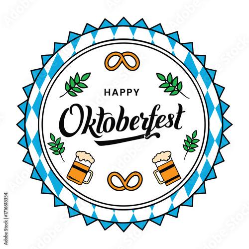 Festive Oktoberfest emblem with pretzels beer mugs and hops for celebration