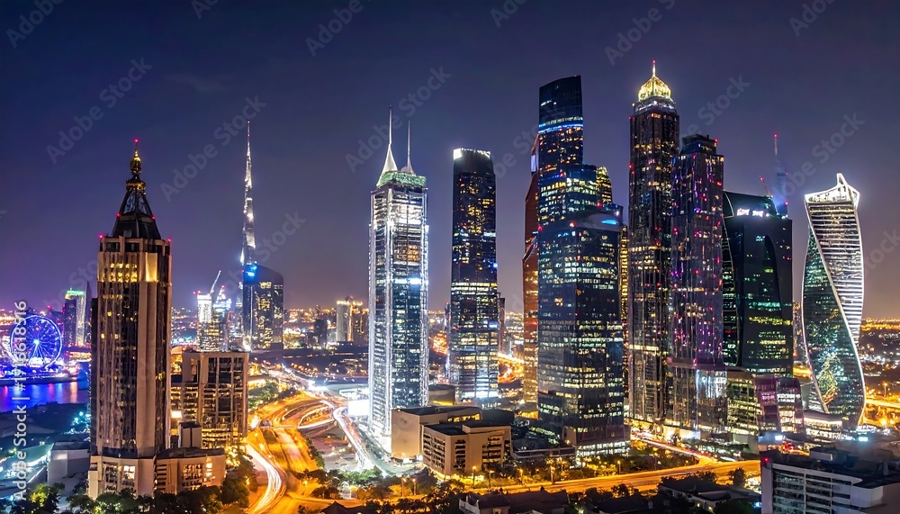 Fototapeta premium Nighttime panoramic view of a gleaming, modern metropolis with tall skyscrapers, illuminated structures, and city lights against a dark blue sky