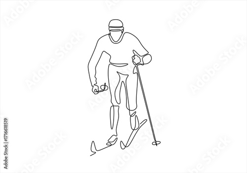 Line Art Skier in Action Minimalist Winter Sports Illustration. line icon-continuous line drawing. Editable stroke.