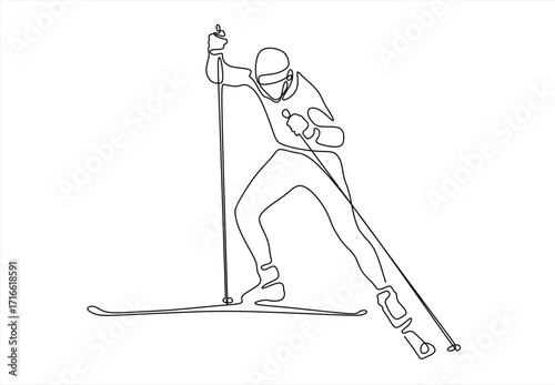 Line Art Skier in Action Minimalist Winter Sports Illustration. line icon-continuous line drawing. Editable stroke.