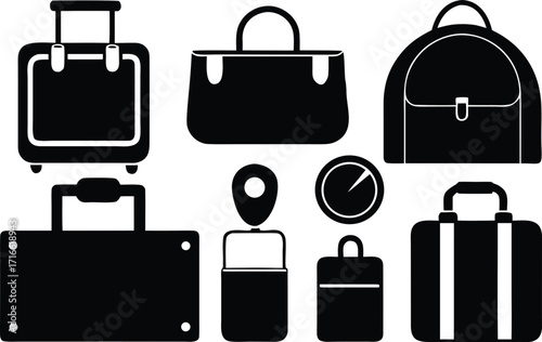 Collection of travel bags and accessories isolated on white background
