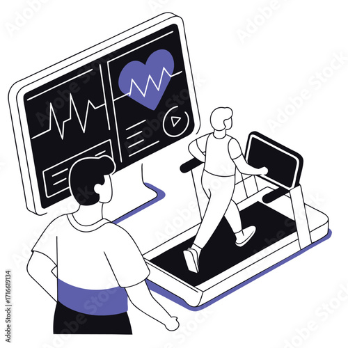 Man using treadmill monitored by health professional on screen representing fitness technology and h