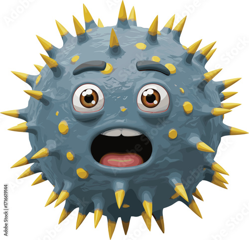 cartoon virus, germ character, blue microbe, yellow spikes, scared face, educational clipart, kids health, medical illustration