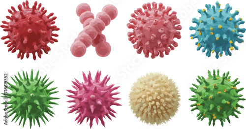 3D cartoon microbes, colorful bacteria, stylized viruses, microscopic organisms, educational clipart, scientific diversity, pathogen set, medical illustration