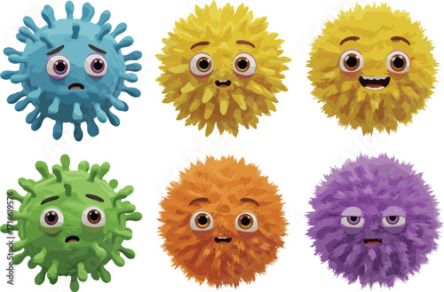 cartoon germ set, colorful virus characters, expressive microbes, fuzzy pathogens, kids clipart, educational illustration, medical cartoon design