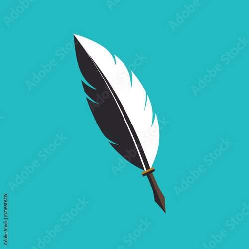 Illustration of a white and black feather with a brown handle on a teal background.