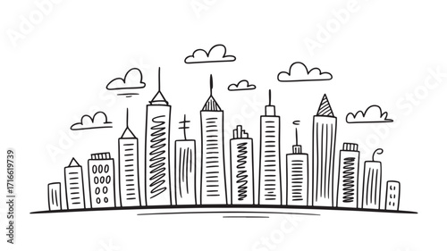Hand-drawn illustration of a modern city skyline depicting a bustling urban landscape with skyscrapers and clouds conveying a sense of progress and dynamism