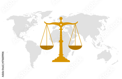 Vector design of a golden scale on a world map symbolizing justice