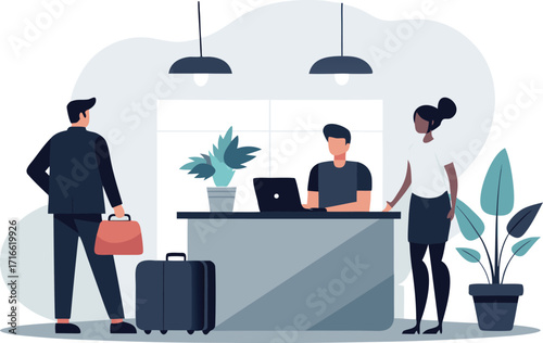 Hotel reception desk with guests checking in isolated on white background