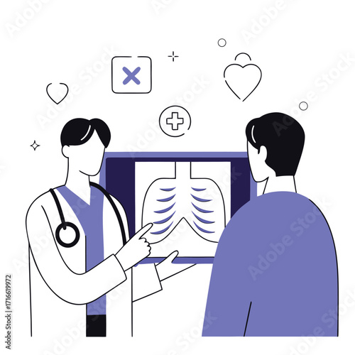 Doctor reviewing lung x-ray with patient explaining diagnosis providing medical consultation showing