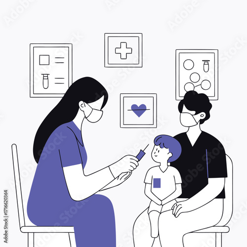 Female doctor vaccinating a child in a clinic with parents present representing healthcare safety an