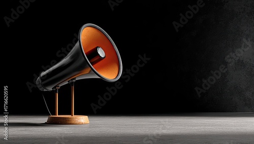 Black megaphone with orange cone, on wooden base