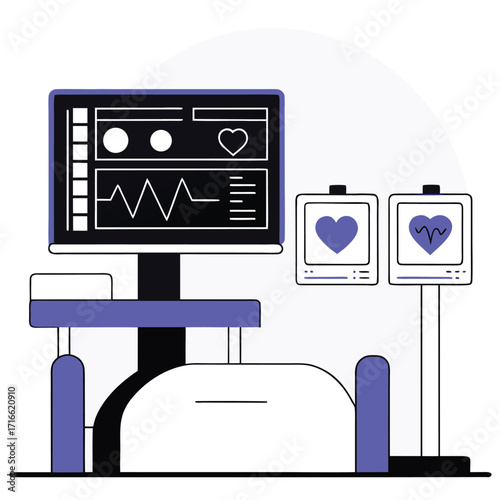 Medical monitoring equipment displaying heart rate and vital signs in a hospital room representing h