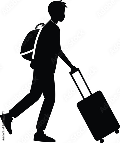 Silhouette of a person walking with a rolling suitcase and backpack isolated on white background