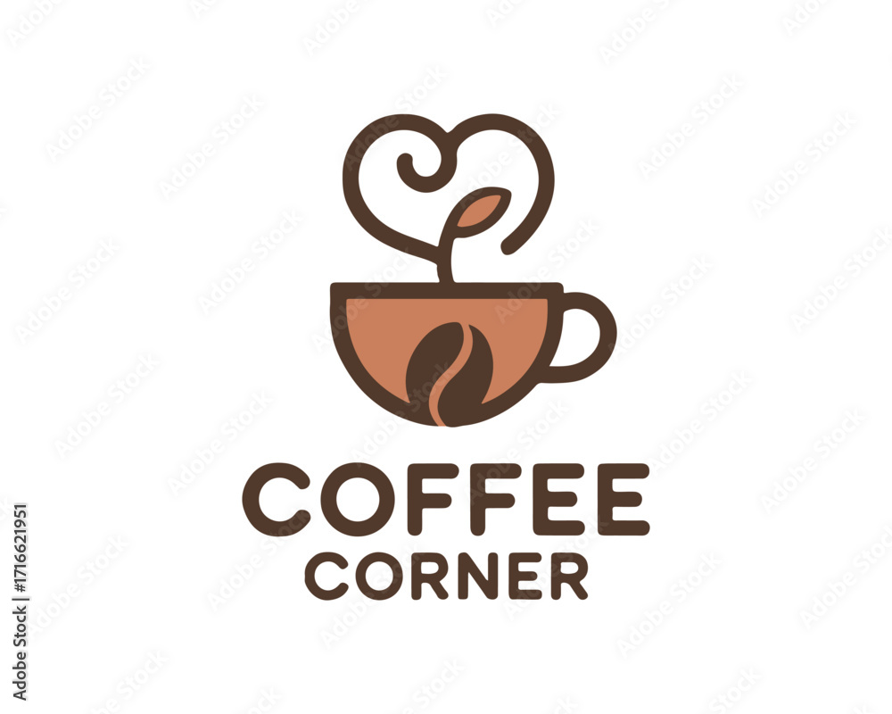 Obraz premium Modern coffee shop logo design featuring a warm coffee cup with heart-shaped steam and a coffee bean, perfect for cafes, branding, packaging, and cozy coffee-related themes.