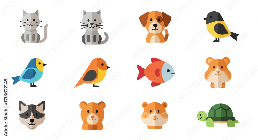 Obraz premium A charming collection of twelve cute cartoon pet and wild animal icons in a flat, stylized design.