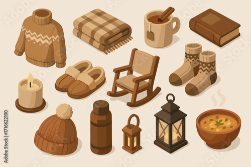 Eleven 3D  stylized items in warm brown tones associated with autumn and winter comfort. Each item is designed in a minimalist style with a solid color.
