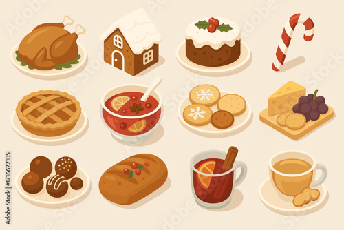 A set of 3D icons on the theme of Christmas cuisine and festive table, made in a warm, flat-volumetric style on a beige background.