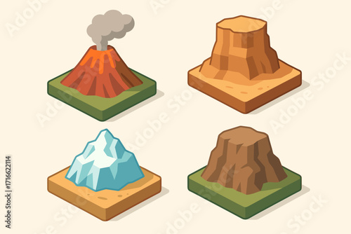A set of four stylized 3D icons of geological formations, rendered in a bright, flat-volumetric style on a beige background.