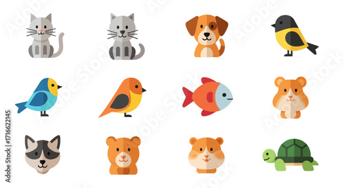 A charming collection of twelve cute cartoon pet and wild animal icons in a flat, stylized design.