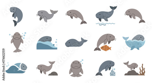 A collection of cute cartoon dugong illustrations in various poses. This set features the gentle sea cow swimming, floating, and interacting with ocean elements
