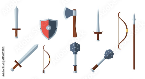 A collection of cartoon-style medieval weapons and armor, including swords, axes, maces, bows, and a shield.