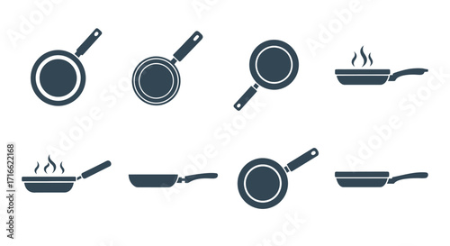 A collection of eight flat, dark grey frying pan icons, showing top and side views, including steaming hot skillets.
