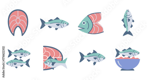 A colorful collection of flat design fish icons, including salmon steaks, whole fish, and seafood illustrations.