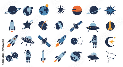 A colorful collection of flat design space icons featuring planets, rockets, astronauts, and stars.