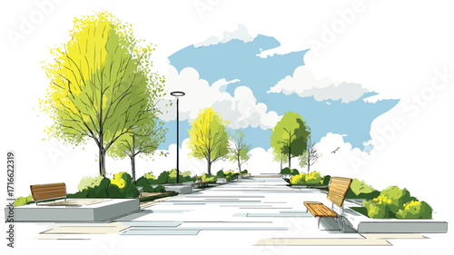 Modern Urban Park Design with Jogging Routes and Seating Areas