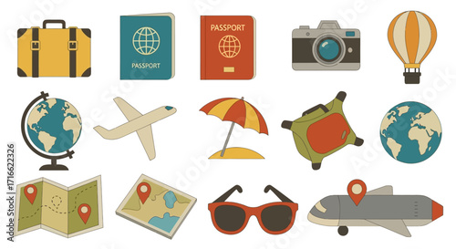 A colorful collection of flat design travel and vacation icons, including a suitcase, passport, globe, and airplane.
