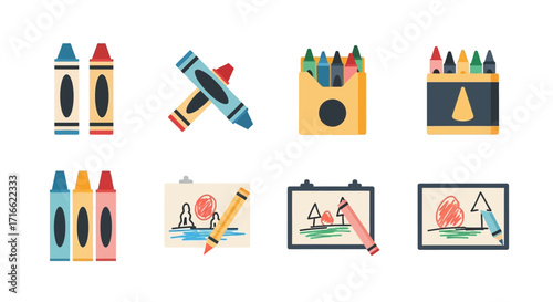 A colorful collection of flat vector icons depicting wax crayons, crayon boxes, and simple childrens drawings.