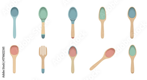 A colorful collection of modern flat design spoons and a fork with light wooden handles.