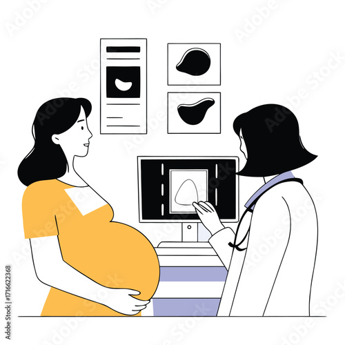 Pregnant woman at doctor appointment reviewing ultrasound healthcare motherhood