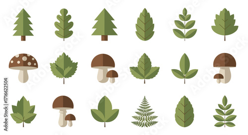 A diverse collection of flat design forest icons, featuring stylized green trees, various leaves, and brown mushrooms.