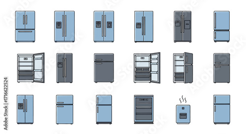 A diverse collection of refrigerator and freezer vector icons, showing various models, both open and closed, in a flat, outlined illustration style.