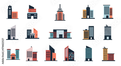 A diverse collection of modern flat design building and skyscraper vector icons for urban cityscape design.