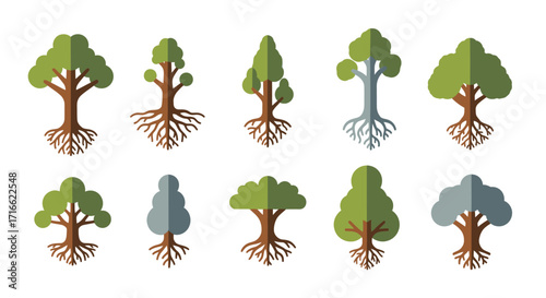 A diverse collection of stylized flat design trees with intricate, visible brown root systems.