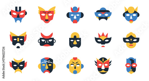 A vibrant collection of fifteen stylized, geometric masks inspired by tribal, superhero, and animal motifs.