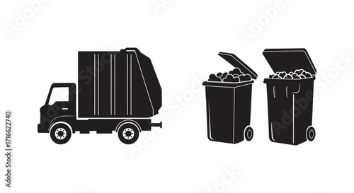 Garbage truck emptying waste into large containers simple black silhouette illustration