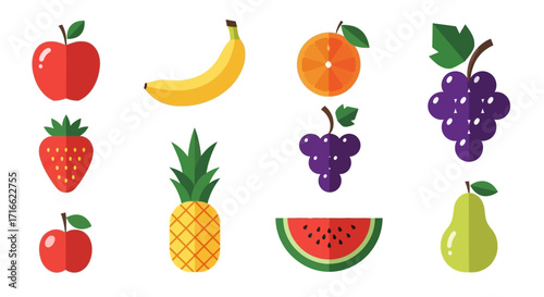 A vibrant collection of stylized flat design fruit icons, including apple, banana, grapes, and pineapple.