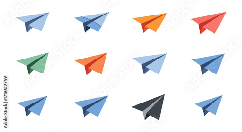 A vibrant collection of twelve colorful, textured paper airplanes flying in various directions.