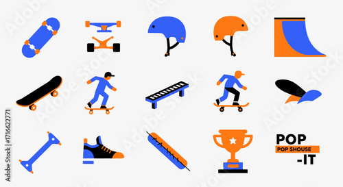 A vibrant set of flat vector icons depicting skateboarding equipment, athletes, and accessories in blue and orange.