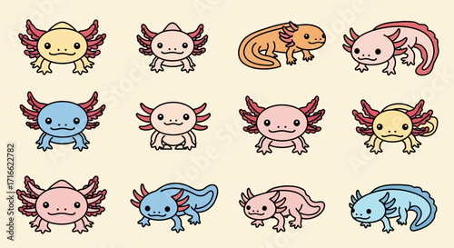 Adorable Cartoon Axolotl Collection Featuring Various Poses and Colors.