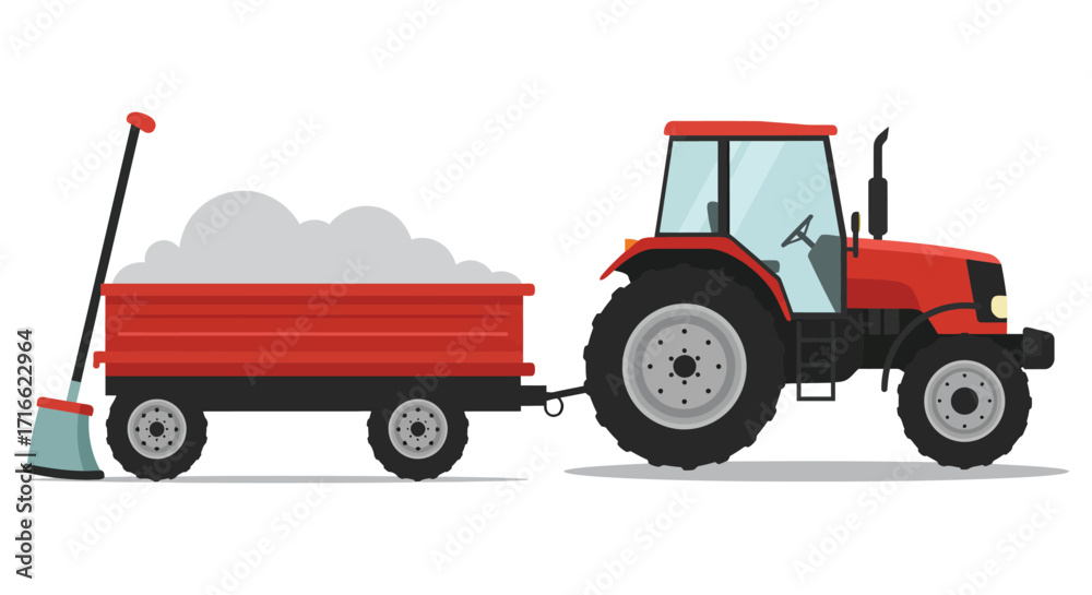 Obraz premium Red tractor pulling a trailer full of hay farming equipment shown