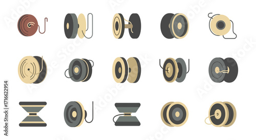 Assorted Colorful Yo-Yos in Various Styles and Designs, Isolated on White Background.