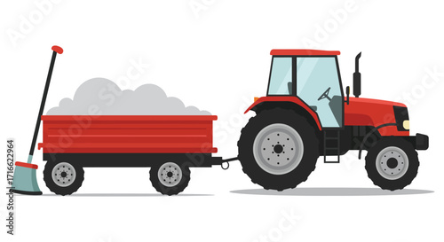 Red tractor pulling a trailer full of hay farming equipment shown