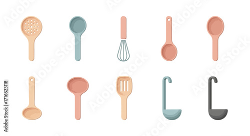 Assortment of Pastel Colored Kitchen Utensils and Tools.